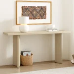 Goldoma modern console table with pine veneer and geometric legs in gray and black finish