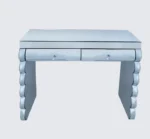 Goldoma modern glass top console table with 2 drawers in a silver finish, placed in an entryway