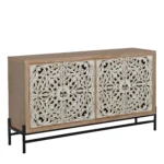 Goldoma vintage carved wood console table with floral doors and black metal base in a living room entryway as a storage sideboard