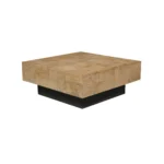 Goldoma 40" solid wood coffee table with brown top and black base, modern geometric design in a living room
