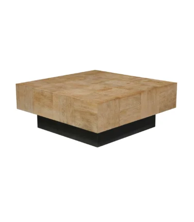 Goldoma 40" solid wood coffee table with brown top and black base, modern geometric design in a living room