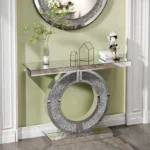 Goldoma silver mirror console table with reflective finish and oak wood construction, perfect for modern living room or hallway decor