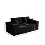 Goldoma modular loveseat sofa bed in black corduroy upholstery with iron legs, showing sofa bed conversion for small spaces