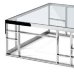 Goldoma 40-inch clear and silver glass coffee table with stainless steel frame in modern living room