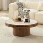 Goldoma 35.43 inch modern square coffee table with solid wood top and pedestal base in living room