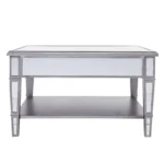 Goldoma 29 inch silver mirrored square coffee table with shelf and drawers in a modern living room