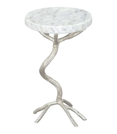 Goldoma 22-inch round end table with silver cast aluminum base and white marble top showing gray veining, perfect as a modern accent table for living room