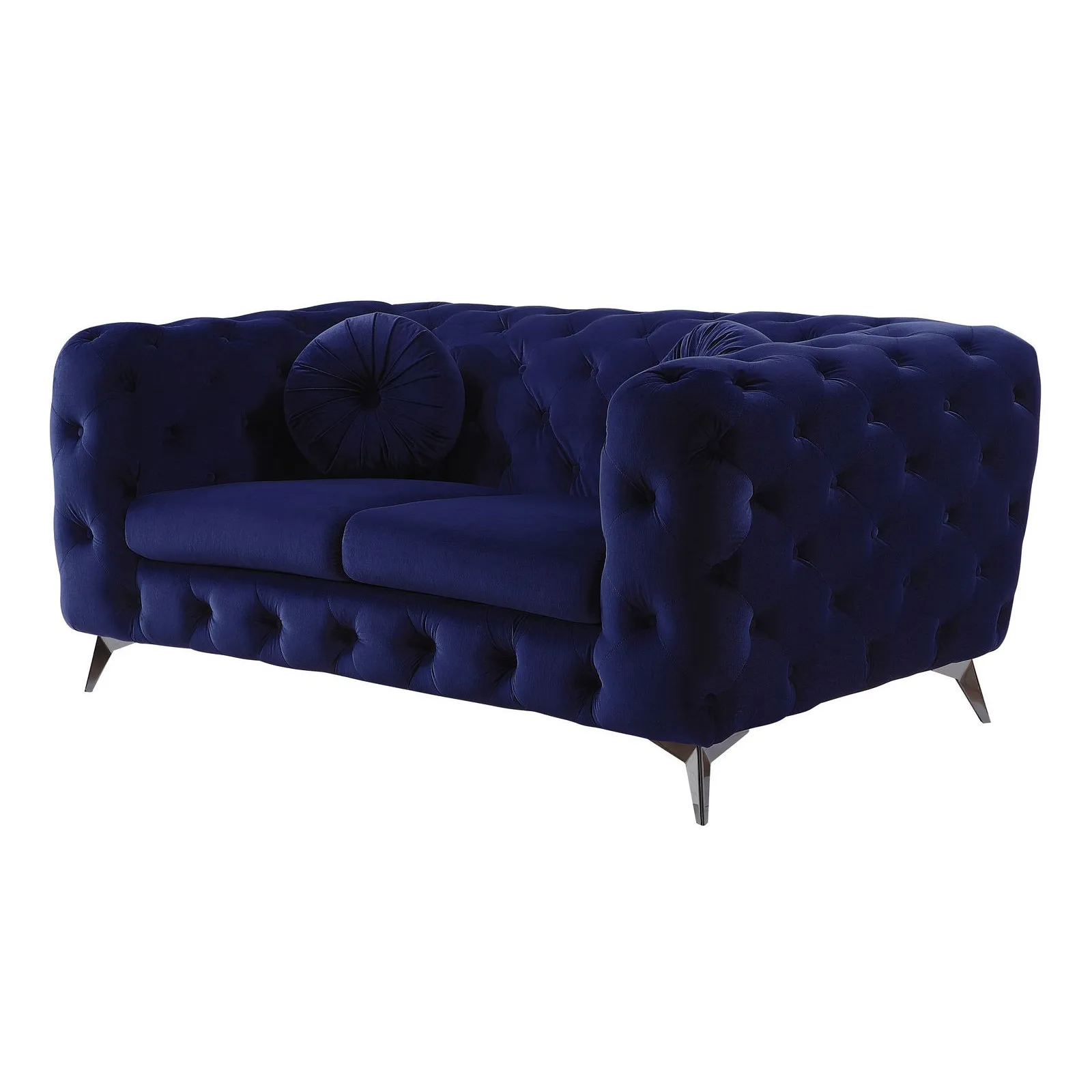 H153746e3aef34f0a81ffc9e1ed84ec426.webp Blue velvet chesterfield loveseat with tufted cushions and silver legs in a living room