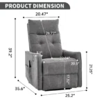 Goldoma power lift recliner in light grey chenille upholstery with massage and heat, showing reclined position and side USB ports