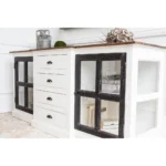 Goldoma 75 inch solid wood sideboard with 4 drawers and glass doors in distressed brown finish