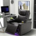 Goldoma power motion recliner in brown with USB charging port, hidden storage, and 360° swivel tray table