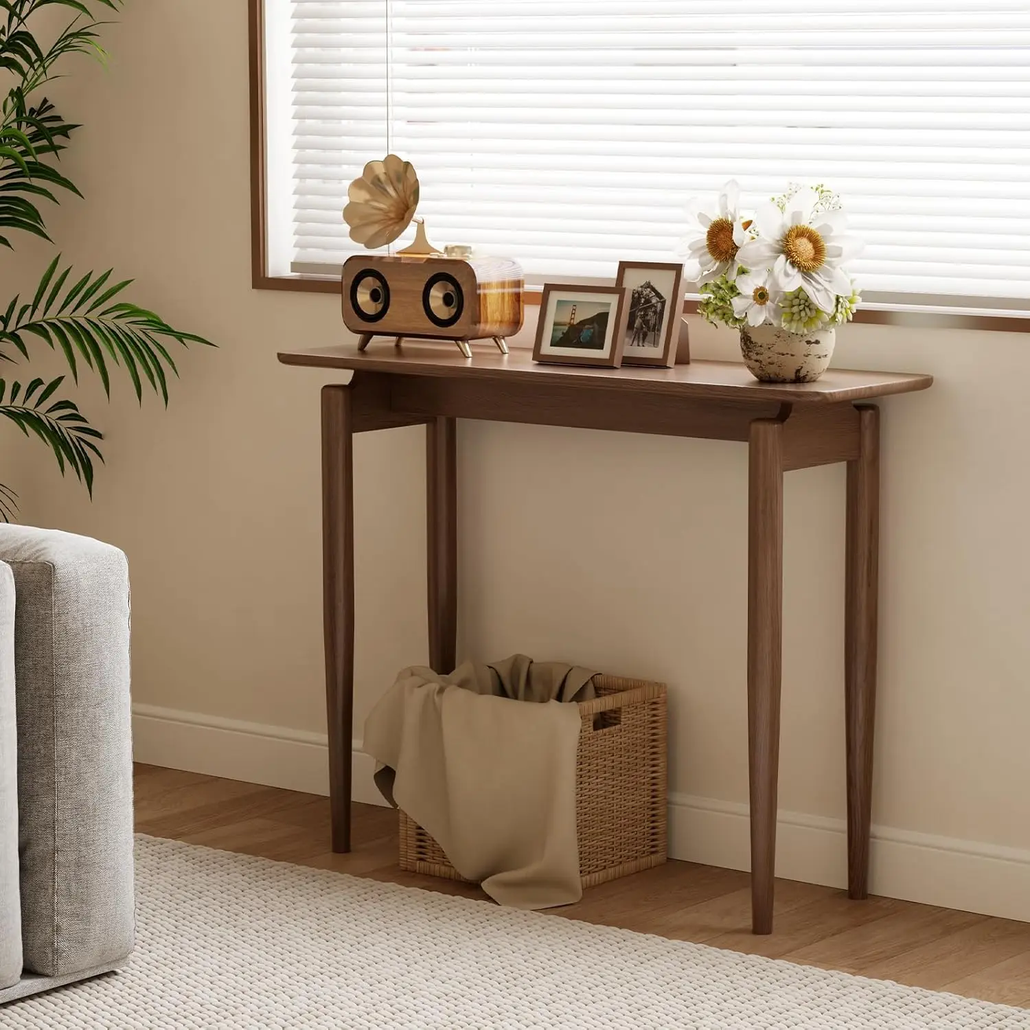 H15ea1a7685894e46b33b42670abeb4d2d.webp Goldoma Walnut Wood Thin Console Table – slim space-saving entryway table in walnut finish