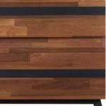 Black and brown wood and iron end table with two drawers in a living room setting