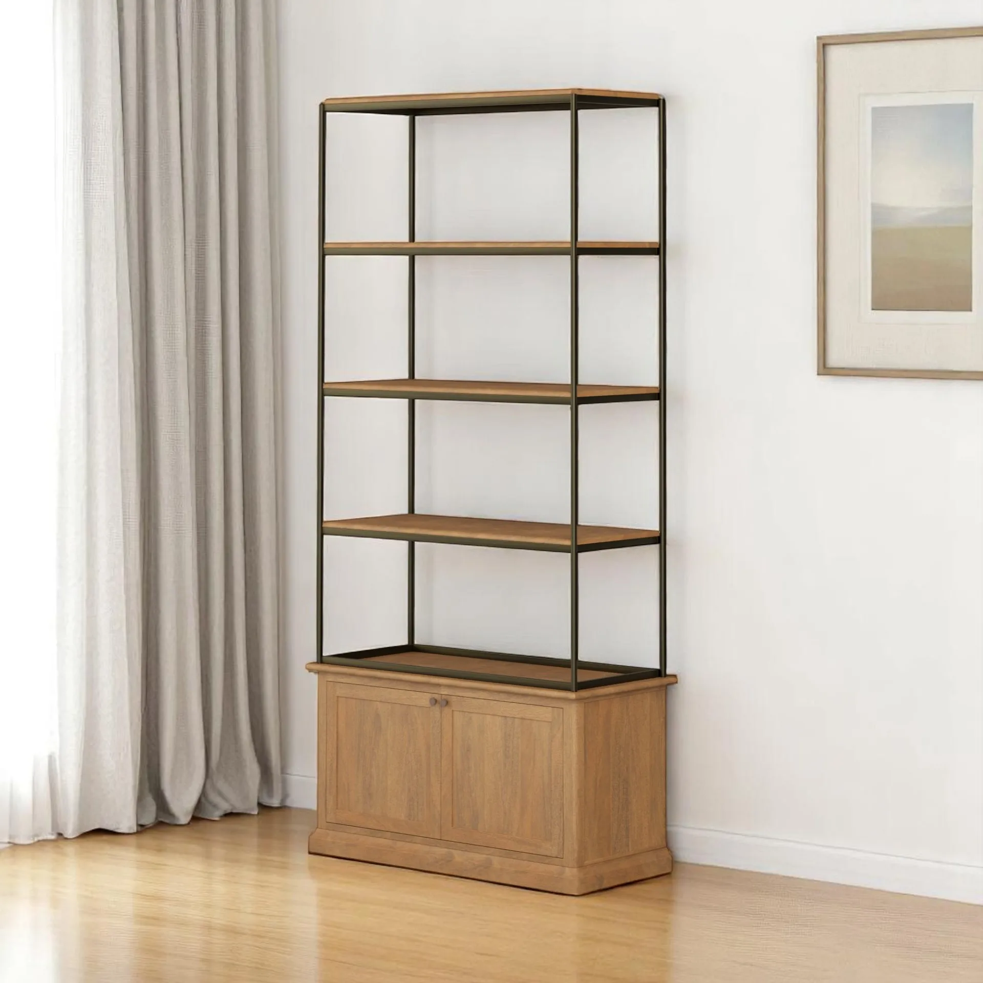 H16821a121f0c44b39b5bb03afaedbdddN.webp HMS 42" Four Tier Bookcase Antiqued Brass and Light Brown Distressed Metal with Solid Wood Two Door Design - Image 1