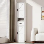 Goldoma 69 inch tall solid wood narrow bathroom storage cabinet with two sliding barn doors and drawer for small bathroom organization