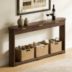 Modern console table with wavy patterned front and two storage drawers in a living room setting