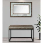 Goldoma 47 inch solid wood console table with faux marble top and mirror in brown, white, and black