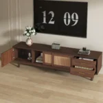 Goldoma adjustable TV stand for 80 inch TV with sliding doors and drawers in modern mid-century wood design