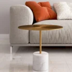 Gold round coffee table with white stone base - compact 17 inch accent table for living room