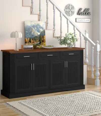 Goldoma 63 inch fluted sideboard cabinet with gray and black finish in modern living room