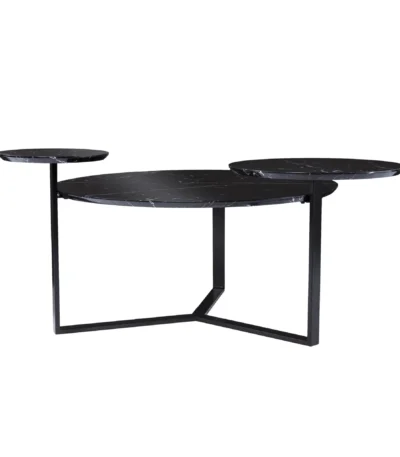 Goldoma 43 inch faux marble round coffee table with black iron base in a modern living room