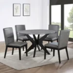 Goldoma Amy 5-Piece Faux Marble Dining Set with gray faux-leather chairs and round table in a modern dining room