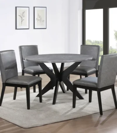 Goldoma Amy 5-Piece Faux Marble Dining Set with gray faux-leather chairs and round table in a modern dining room