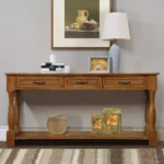 Goldoma 63-inch mid-century console table with 3 drawers and bottom shelf in brown, featuring solid wood legs and tapered design