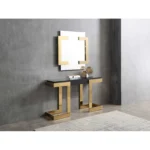 Goldoma 52-inch black and gold glass pedestal console table in a modern living room setting