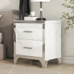Goldoma high gloss white mirrored nightstand with two drawers in a modern bedroom setting