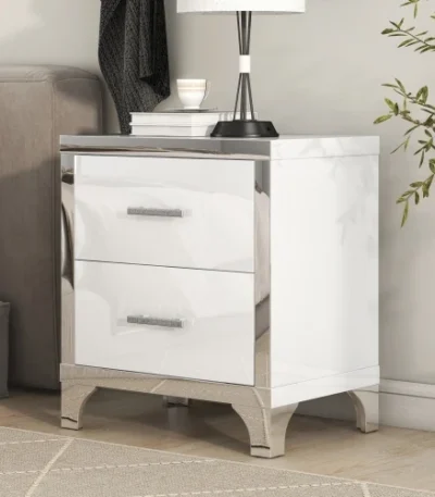 Goldoma high gloss white mirrored nightstand with two drawers in a modern bedroom setting