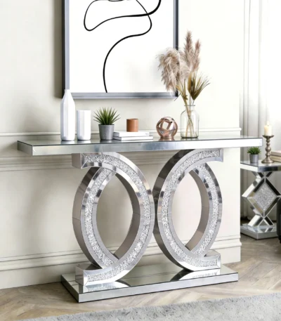 Goldoma crushed diamond mirrored console table modern silver entryway table with crystal inlays