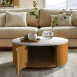 Goldoma white marble round coffee table with storage shelf in modern living room
