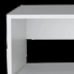 Goldoma 59-inch white floating mount TV stand with open shelves and cable management in a modern living room