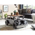 Goldoma vintage truck coffee table with solid wood top and grey metal base in living room