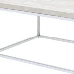 Modern coffee table 48 inch rectangular with white oak wood top and chrome metal base in living room