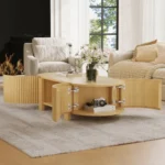 Goldoma oval fluted coffee table with storage in rubber solid wood, featuring a lower shelf and open storage doors, perfect for modern living rooms