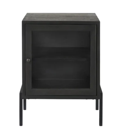 Goldoma 26 inch solid wood end table with black metal base, brown wood top, square shape, modern design for living room