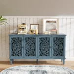 60-inch solid wood antique buffet cabinet with floral carvings and antique brass handles in Antique Blue finish