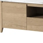 Goldoma 58-inch faux marble TV stand with wooden cabinets and open shelves for storage