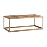 Natural solid wood coffee table with metal base in a living room setting