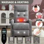Goldoma power lift recliner in light grey chenille upholstery with massage and heat, showing reclined position and side USB ports