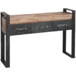 Goldoma narrow console table with drawers in solid oak and black metal sled base, placed in an entryway with decor