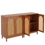 Goldoma rattan sideboard buffet with solid wood legs in walnut finish, featuring two cabinet doors with woven rattan panels