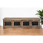 Rustic TV stand 76 inch reclaimed wood with distressed brown finish and enclosed storage doors