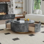 Modern round coffee table with drawer featuring marble pattern finish and solid wood legs - Goldoma