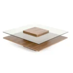 Goldoma glass and wood coffee table with shelf in living room