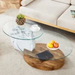 Goldoma double layer coffee table with white marble top and wood grain base in living room setting