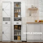 Goldoma 69 inch tall solid wood narrow bathroom storage cabinet with two sliding barn doors and drawer for small bathroom organization