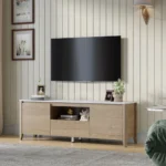 Goldoma 58-inch faux marble TV stand with wooden cabinets and open shelves for storage